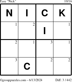 The grouppuzzles.com Easy Nick puzzle for Thursday June 13, 2024 with the first 3 steps marked