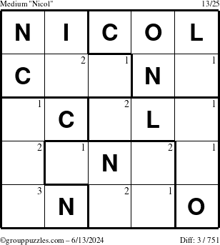 The grouppuzzles.com Medium Nicol puzzle for Thursday June 13, 2024 with the first 3 steps marked