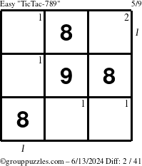 The grouppuzzles.com Easy TicTac-789 puzzle for Thursday June 13, 2024, suitable for printing, with all 2 steps marked