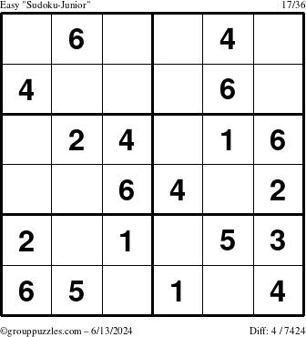 The grouppuzzles.com Easy Sudoku-Junior puzzle for Thursday June 13, 2024