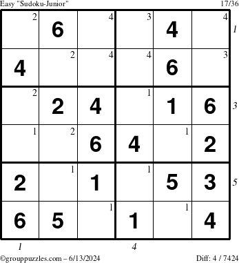 The grouppuzzles.com Easy Sudoku-Junior puzzle for Thursday June 13, 2024 with all 4 steps marked