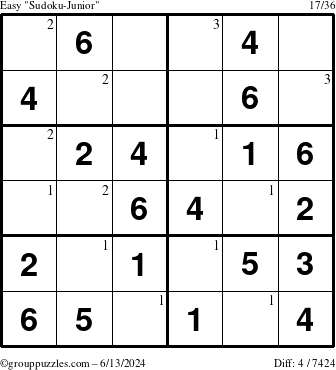 The grouppuzzles.com Easy Sudoku-Junior puzzle for Thursday June 13, 2024 with the first 3 steps marked