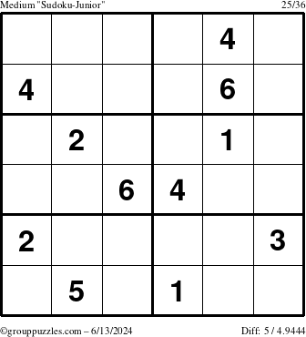 The grouppuzzles.com Medium Sudoku-Junior puzzle for Thursday June 13, 2024