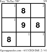 The grouppuzzles.com Easy TicTac-789 puzzle for Thursday June 13, 2024 with the first 2 steps marked