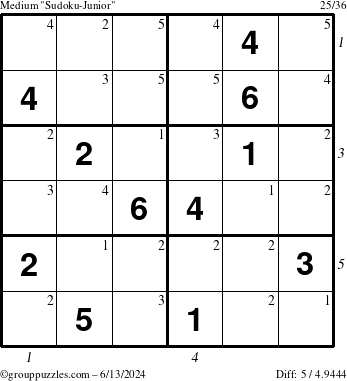 The grouppuzzles.com Medium Sudoku-Junior puzzle for Thursday June 13, 2024, suitable for printing, with all 5 steps marked