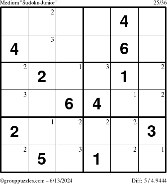 The grouppuzzles.com Medium Sudoku-Junior puzzle for Thursday June 13, 2024 with the first 3 steps marked