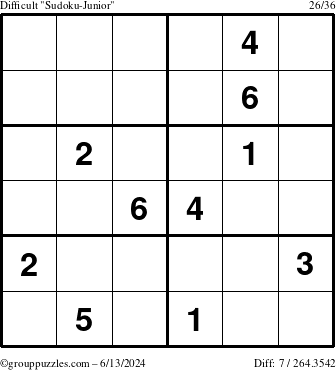 The grouppuzzles.com Difficult Sudoku-Junior puzzle for Thursday June 13, 2024