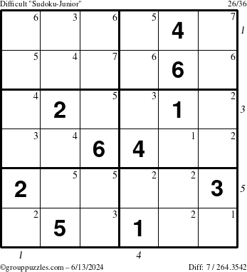 The grouppuzzles.com Difficult Sudoku-Junior puzzle for Thursday June 13, 2024 with all 7 steps marked