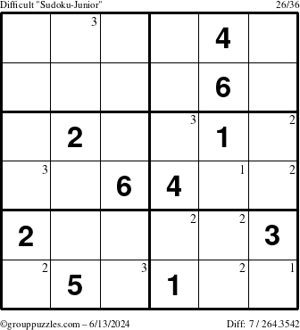 The grouppuzzles.com Difficult Sudoku-Junior puzzle for Thursday June 13, 2024 with the first 3 steps marked