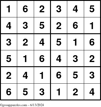 The grouppuzzles.com Answer grid for the Sudoku-Junior puzzle for Thursday June 13, 2024