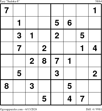 The grouppuzzles.com Easy Sudoku-8 puzzle for Thursday June 13, 2024