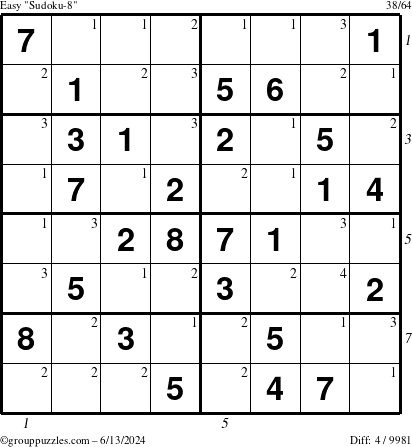 The grouppuzzles.com Easy Sudoku-8 puzzle for Thursday June 13, 2024 with all 4 steps marked