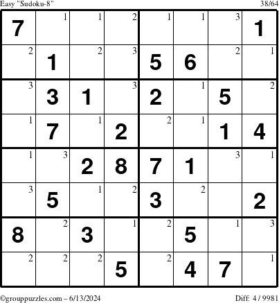 The grouppuzzles.com Easy Sudoku-8 puzzle for Thursday June 13, 2024 with the first 3 steps marked