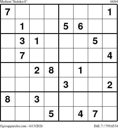 The grouppuzzles.com Medium Sudoku-8 puzzle for Thursday June 13, 2024