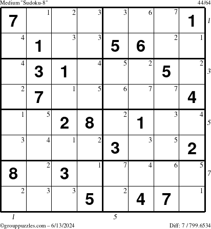 The grouppuzzles.com Medium Sudoku-8 puzzle for Thursday June 13, 2024 with all 7 steps marked