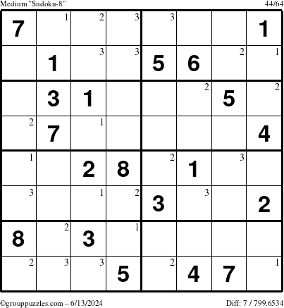 The grouppuzzles.com Medium Sudoku-8 puzzle for Thursday June 13, 2024 with the first 3 steps marked