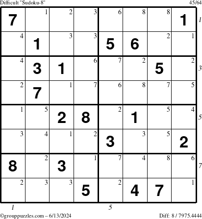 The grouppuzzles.com Difficult Sudoku-8 puzzle for Thursday June 13, 2024 with all 8 steps marked