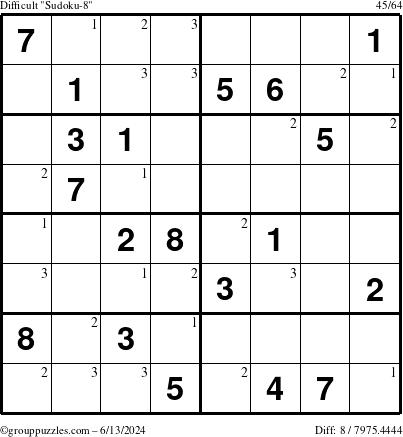 The grouppuzzles.com Difficult Sudoku-8 puzzle for Thursday June 13, 2024 with the first 3 steps marked