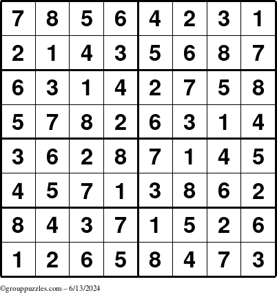 The grouppuzzles.com Answer grid for the Sudoku-8 puzzle for Thursday June 13, 2024