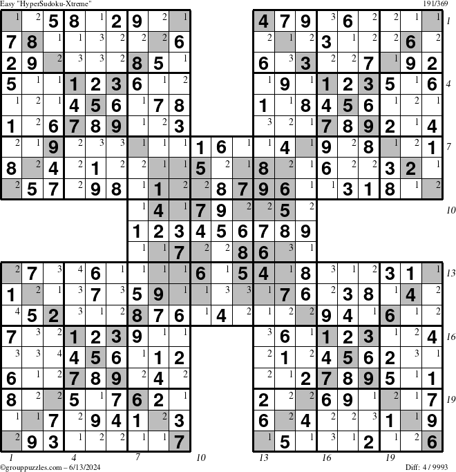 The grouppuzzles.com Easy cover-HyperXtreme puzzle for Thursday June 13, 2024, suitable for printing, with all 4 steps marked