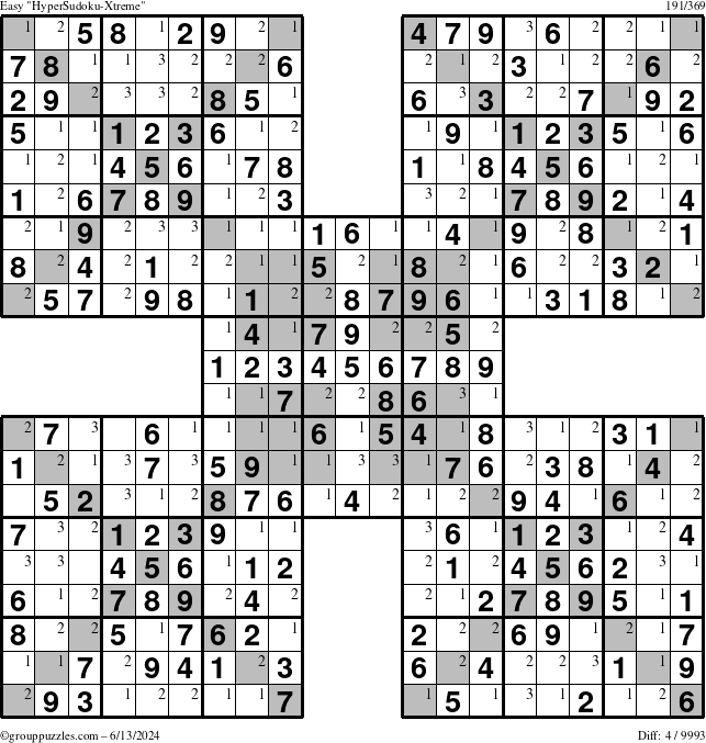 The grouppuzzles.com Easy cover-HyperXtreme puzzle for Thursday June 13, 2024 with the first 3 steps marked