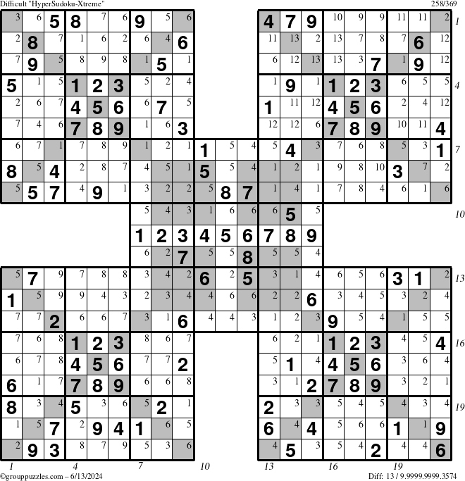 The grouppuzzles.com Difficult cover-HyperXtreme puzzle for Thursday June 13, 2024 with all 13 steps marked