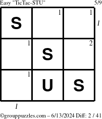 The grouppuzzles.com Easy TicTac-STU puzzle for Thursday June 13, 2024 with all 2 steps marked