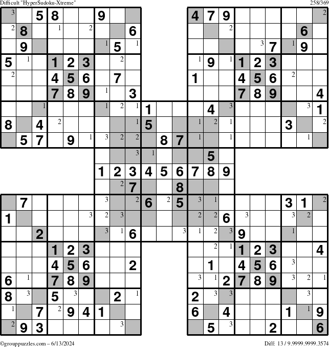 The grouppuzzles.com Difficult cover-HyperXtreme puzzle for Thursday June 13, 2024 with the first 3 steps marked