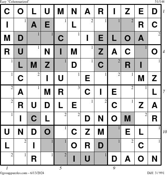 The grouppuzzles.com Easy Columnarized puzzle for Thursday June 13, 2024 with all 3 steps marked