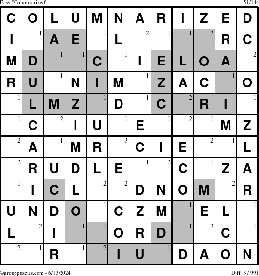 The grouppuzzles.com Easy Columnarized puzzle for Thursday June 13, 2024 with the first 3 steps marked