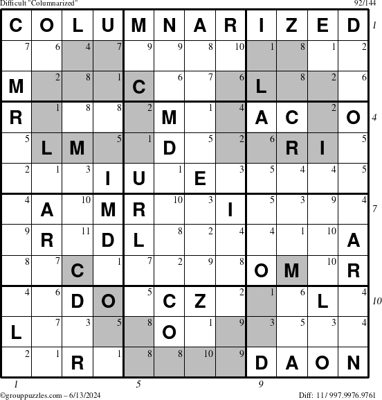 The grouppuzzles.com Difficult Columnarized puzzle for Thursday June 13, 2024 with all 11 steps marked