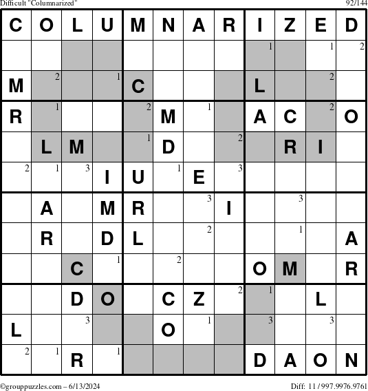 The grouppuzzles.com Difficult Columnarized puzzle for Thursday June 13, 2024 with the first 3 steps marked