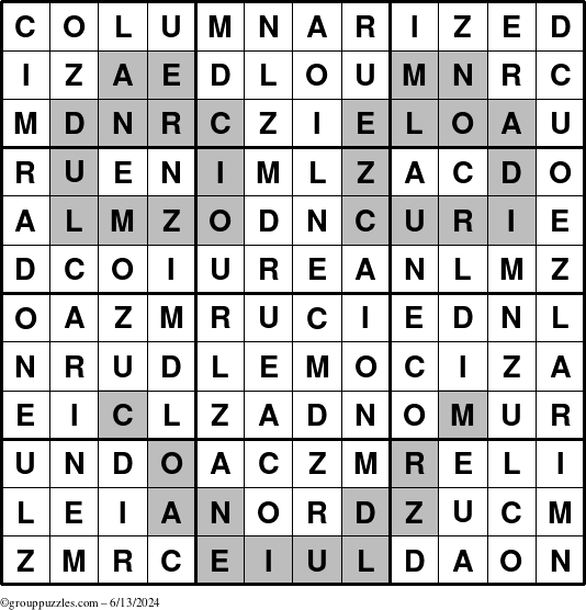 The grouppuzzles.com Answer grid for the Columnarized puzzle for Thursday June 13, 2024