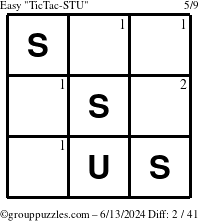 The grouppuzzles.com Easy TicTac-STU puzzle for Thursday June 13, 2024 with the first 2 steps marked