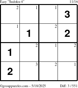 The grouppuzzles.com Easy Sudoku-4 puzzle for Sunday May 18, 2025 with the first 3 steps marked