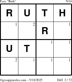 The grouppuzzles.com Easy Ruth puzzle for Sunday May 18, 2025 with the first 2 steps marked