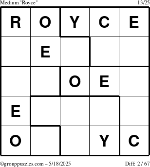 The grouppuzzles.com Medium Royce puzzle for Sunday May 18, 2025