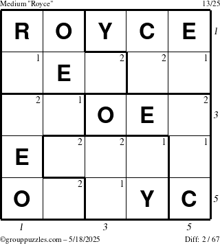 The grouppuzzles.com Medium Royce puzzle for Sunday May 18, 2025 with all 2 steps marked
