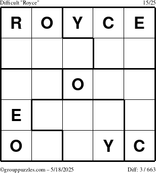 The grouppuzzles.com Difficult Royce puzzle for Sunday May 18, 2025