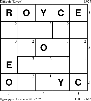 The grouppuzzles.com Difficult Royce puzzle for Sunday May 18, 2025 with all 3 steps marked