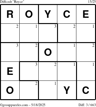The grouppuzzles.com Difficult Royce puzzle for Sunday May 18, 2025 with the first 3 steps marked