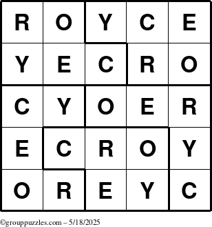 The grouppuzzles.com Answer grid for the Royce puzzle for Sunday May 18, 2025