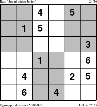 The grouppuzzles.com Easy SuperSudoku-Junior puzzle for Sunday May 18, 2025