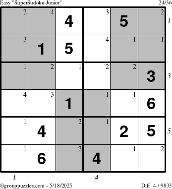 The grouppuzzles.com Easy SuperSudoku-Junior puzzle for Sunday May 18, 2025 with all 4 steps marked