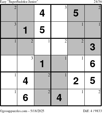 The grouppuzzles.com Easy SuperSudoku-Junior puzzle for Sunday May 18, 2025 with the first 3 steps marked