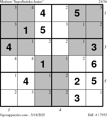 The grouppuzzles.com Medium SuperSudoku-Junior puzzle for Sunday May 18, 2025 with all 4 steps marked