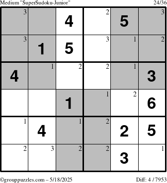 The grouppuzzles.com Medium SuperSudoku-Junior puzzle for Sunday May 18, 2025 with the first 3 steps marked