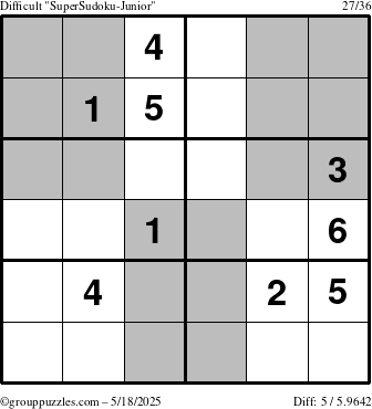 The grouppuzzles.com Difficult SuperSudoku-Junior puzzle for Sunday May 18, 2025
