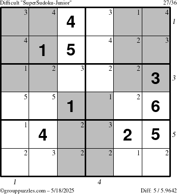 The grouppuzzles.com Difficult SuperSudoku-Junior puzzle for Sunday May 18, 2025 with all 5 steps marked
