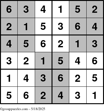 The grouppuzzles.com Answer grid for the SuperSudoku-Junior puzzle for Sunday May 18, 2025